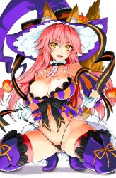 Rule 34 | 1girl, animal ear fluff, animal ears, black panties, breasts, fate/extra, fate (series), fox ears, fox girl, fox tail, hair between eyes, halloween costume, hat, highres, kojima saya, large breasts, long hair, looking at viewer, open mouth, panties, pink hair, sidelocks, smile, solo, squatting, tail, tamamo (fate), tamamo no mae (fate/extra), thighs, underwear, witch hat, yellow eyes