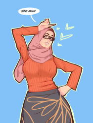Rule 34 | blue background, clothes, gazellelone, glasses, hands on own hips, heart, hijab, looking at viewer, simple background, smile, speech bubble, sweater