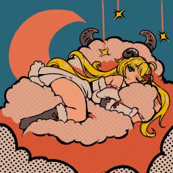 Rule 34 | 1girl, akairiot, blonde hair, blue eyes, breast press, breasts, cloud, commentary, cowlick, crescent moon, dress, english commentary, highres, hololive, horns, large breasts, long hair, lying, moon, on side, one eye closed, sheep girl, sheep horns, shooting star, smile, solo, tsunomaki watame, tsunomaki watame (1st costume), virtual youtuber, white dress