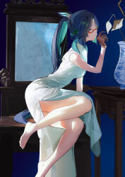 Rule 34 | 1girl, absurdres, bare shoulders, barefoot, black hair, breasts, cloud retainer (genshin impact), colored inner hair, dress, eyeliner, genshin impact, glasses, green eyes, green hair, hair ornament, hairpin, high ponytail, highres, large breasts, long hair, makeup, multicolored hair, raywallin, red-framed eyewear, solo, swept bangs, thighs, two-tone hair, white dress, xianyun (genshin impact)