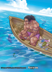 Rule 34 | 1boy, abs, bare shoulders, black hair, boat, copyright name, curly hair, dark skin, dark-skinned male, earrings, fish, fishing rod, force of will, full body, green eyes, jewelry, knife, long hair, male focus, miyagekko, necklace, official art, ponytail, shell, topless male, solo, swimsuit, tattoo, water, watercraft