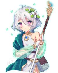 Rule 34 | 1girl, :o, antenna hair, bare shoulders, blush, bridal gauntlets, detached sleeves, dress, flower, grey hair, hair between eyes, hair flower, hair ornament, holding, holding polearm, holding spear, holding weapon, ittokyu, kokkoro (princess connect!), long sleeves, looking at viewer, parted lips, pointy ears, polearm, princess connect!, puffy long sleeves, puffy sleeves, purple eyes, see-through, see-through sleeves, signature, simple background, sleeveless, sleeveless dress, solo, spear, weapon, white background, white dress, white flower