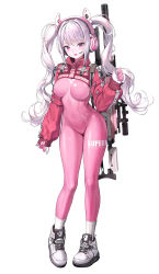 Rule 34 | 1girl, :d, absurdres, alice (nikke), animal ear headphones, animal ears, blush, bodysuit, breasts, commentary, cropped jacket, dduck kong, fake animal ears, full body, gloves, goddess of victory: nikke, grey hair, groin, gun, gun on back, headphones, headset, highres, jacket, latex, latex bodysuit, long hair, long sleeves, looking at viewer, medium breasts, official art, open mouth, pink bodysuit, pink eyes, pink gloves, puffy long sleeves, puffy sleeves, red jacket, ribbed legwear, rifle, shoes, simple background, sleeves past wrists, smile, sniper rifle, scope, socks, solo, twintails, very long hair, weapon, weapon on back, white background, white footwear, white socks