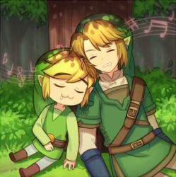 Rule 34 | 2boys, :3, bass clef, blonde hair, drooling, closed eyes, flat sign, forest, grass, link, lowres, male focus, multiple boys, musical note, nature, nintendo, pointy ears, quaver, sharp sign, sitting, sleeping, staff (music), the legend of zelda, the legend of zelda: skyward sword, the legend of zelda: the wind waker, treble clef, tree, tunic, wusagi2