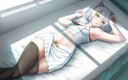 Rule 34 | 1girl, absurdres, animal ears, armpits, arms up, bed, black pantyhose, breasts, cat ears, chest jewel, cleavage, clothes pull, crossed legs, grey hair, highres, looking at viewer, lying, mio (xenoblade), navel, on back, pantyhose, pantyhose pull, sakunaru, short hair, skirt, solo, stomach, sunlight, window, xenoblade chronicles (series), xenoblade chronicles 3, yellow eyes