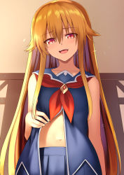 Rule 34 | 1girl, bare arms, blonde hair, blue sailor collar, blue shirt, blue skirt, clothes lift, collarbone, commentary request, from below, gem, hair between eyes, hair flaps, half-closed eyes, highres, long hair, looking at viewer, mahcdai, navel, neckerchief, open mouth, original, pleated skirt, red eyes, red neckerchief, sailor collar, shade, shirt, shirt lift, sidelocks, skirt, sleeveless, sleeveless shirt, slit pupils, solo, stomach, very long hair