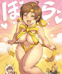 Rule 34 | 1girl, 2boys, ahoge, bad id, bad pixiv id, blood, breasts, brown eyes, brown hair, cleavage, emphasis lines, headband, large breasts, lips, maou alba, multiple boys, naked ribbon, naughty face, navel, nene (sengoku musou), nosebleed, open mouth, ribbon, sengoku musou, sengoku musou 2, short hair, solo focus, thighs