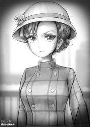 Rule 34 | 10s, 1girl, absurdres, alternate hairstyle, artist name, blurry, blurry background, braid, closed mouth, coat, commentary request, dated, depth of field, flower, girls und panzer, greyscale, hair up, hat, hat flower, highres, light frown, long sleeves, looking at viewer, monochrome, nishi kinuyo, one-hour drawing challenge, partial commentary, retro artstyle, rose, short hair, signature, standing, tonan leopard, twin braids, upper body