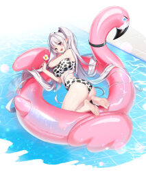 Rule 34 | 1girl, :d, animal print, ass, bare arms, bare shoulders, barefoot, bikini, breasts, closers, cow print, feet, flower, highres, holding, inflatable flamingo, inflatable toy, large breasts, legs, levia (closers), long hair, looking at viewer, midriff, nail polish, official art, open mouth, pointy ears, purple eyes, sidelocks, smile, soles, solo, swimsuit, toes, twisted torso, two side up, very long hair, water, wedgie, wet, white bikini, white flower, white hair