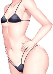Rule 34 | 1girl, absurdres, armpits, bad id, bad pixiv id, bare shoulders, bikini, black bikini, breasts, collarbone, commentary request, cowboy shot, hands on own hips, head out of frame, highres, mannack, midriff, multi-strapped bikini, navel, navel focus, o-ring, o-ring bikini, original, simple background, small breasts, solo, stomach, swimsuit, white background