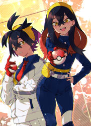 Rule 34 | 1boy, 1girl, :d, belt, belt buckle, black hair, blue jacket, blue pants, blue shirt, brother and sister, buckle, buttons, carmine (pokemon), collared shirt, commentary request, creatures (company), crossed bangs, game freak, gloves, hairband, hand on own hip, highres, holding, holding poke ball, jacket, kieran (pokemon), long hair, long sleeves, mole, mole on neck, multicolored hair, necktie, nintendo, open mouth, pants, partially fingerless gloves, poke ball, poke ball (basic), pokemon, pokemon sv, red gloves, red necktie, shirt, siblings, smile, teeth, tongue, tsuru ringo, two-tone hair, upper teeth only, white jacket, yellow eyes, yellow hairband