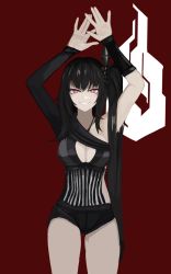 Rule 34 | 1girl, architect (girls&#039; frontline), asymmetrical clothes, black hair, blush, breasts, cleavage, girls&#039; frontline, grin, hands up, highres, long hair, medium breasts, one side up, pink eyes, sangvis ferri, sidelocks, smile, solo, sureido (zhwa3228), very long hair