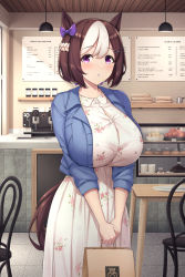 Rule 34 | 1girl, :o, aged up, alternate breast size, animal ears, bag, blue jacket, bow, breasts, brown hair, bursting breasts, buttons, cafe, casual, chair, cleavage, dress, floral print, hair bow, highres, holding, holding bag, horse ears, horse girl, horse tail, huge breasts, indoors, jacket, kannko bokujou, looking at viewer, multicolored hair, parted lips, purple bow, purple eyes, short hair, solo, special week (umamusume), standing, tail, two-tone hair, umamusume, white dress, white hair