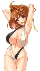 Rule 34 | armpits, arms up, blush, breasts, brown hair, cleavage, curvy, huge breasts, navel, open mouth, pretzel bikini, red eyes, ribbon, smile, solo, swimsuit, takeda hiromitsu