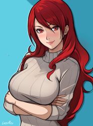 Rule 34 | 1girl, ai-assisted, alternate costume, arms up, artist name, blue background, blush, breasts, closed mouth, commentary, english commentary, eyelashes, grey sweater, hair between eyes, kirijou mitsuru, large breasts, lepypepy, lips, long hair, long sleeves, looking at viewer, parted bangs, persona, persona 3, red eyes, red hair, revision, ribbed sweater, shadow, sidelocks, smile, solo, sweater, turtleneck, turtleneck sweater, two-tone background, upper body