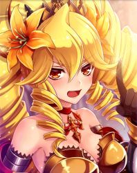 Rule 34 | 1girl, armor, artist request, blonde hair, blush, brave frontier, choker, cleavage, crossover, drill hair, flower, gloves, hair between eyes, hair flower, hair ornament, long hair, michele (brave frontier), official art, open mouth, orange eyes, phantom of the kill, very long hair