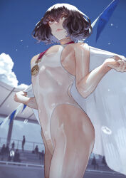 Rule 34 | 1girl, black eyes, black hair, breasts, competition swimsuit, cowboy shot, day, highleg, highleg swimsuit, highres, kaoming, medal, medium breasts, nanjou ao, one-piece swimsuit, original, outdoors, see-through swimsuit, short hair, solo focus, swimsuit, towel, wet, white one-piece swimsuit