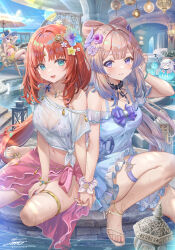 Rule 34 | 4girls, alternate costume, alternate hairstyle, aqua eyes, bare shoulders, blue hair, bow-shaped hair, breasts, cleavage, closed eyes, closed mouth, colored tips, flower, genshin impact, hair flower, hair ornament, hand up, highres, holding hands, long hair, looking at viewer, medium breasts, multicolored hair, multiple girls, navel, navia (genshin impact), nilou (genshin impact), open mouth, paimon (genshin impact), pink hair, purple eyes, red hair, sangonomiya kokomi, smile, thigh strap, torino aqua, zzz