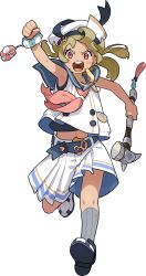 Rule 34 | 1girl, anchor symbol, arm up, armpits, artist request, belt, beret, blonde hair, blue sailor collar, blush stickers, buttons, child, clenched hand, cuffs, female focus, flat chest, full body, grey socks, hammer, handcuffs, hat, highres, holding, holding hammer, kneehighs, lassie (world flipper), leg up, long hair, looking at viewer, midriff peek, navel, neckerchief, non-web source, official art, open mouth, pink neckerchief, pleated shorts, pocket, red eyes, running, running towards viewer, sailor collar, scrunchie, shirt, shoes, shorts, sidelocks, simple background, sleeveless, sleeveless shirt, socks, solo, stomach, teeth, transparent background, twintails, undershirt, v-shaped eyebrows, whistle, whistle around neck, white footwear, white hat, white shirt, white shorts, wide-eyed, world flipper, wrist scrunchie