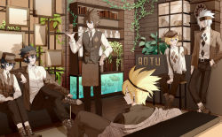 Rule 34 | 6+boys, animal, aotu world, belt, black hair, blonde hair, blue eyes, blush, book, bookshelf, brown footwear, brown hair, brown headband, brown headwear, brown neckwear, chair, clear regulus, clock, closed mouth, couch, crossed legs, cup, drinking straw, earrings, fish, fish tank, framed, hair between eyes, hand in pocket, hat, headband, holding, holding plate, indoors, jewelry, leaning, looking at another, looking at viewer, looking back, male focus, multiple boys, necktie, off shoulder, open mouth, picture frame, plant, plate, pointy ears, potted plant, purple eyes, shell, single earring, sitting, smile, standing, starfish, vines, waiter, water, white hair, wooden floor, yellow eyes