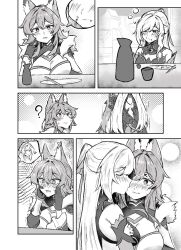 Rule 34 | ?, after meal, animal ears, baiheng (honkai: star rail), bare shoulders, blush, breasts, chinese clothes, chopsticks, closed eyes, closed mouth, cup, detached sleeves, fox ears, fox girl, fur trim, gloves, greyscale, hair between eyes, hand on own face, heart, high ponytail, highres, honkai: star rail, honkai (series), jingliu (honkai: star rail), kiss, kissing cheek, large breasts, long hair, monochrome, open mouth, plate, shuiro0z, sitting, standing, sweatdrop, yuri
