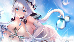 Rule 34 | 1girl, azur lane, between breasts, blue eyes, blue sky, blurry, breasts, cleavage, day, depth of field, detached collar, dress, dutch angle, elbow gloves, garter straps, gloves, hat, highres, huge breasts, illustrious (azur lane), long hair, mole, mole under eye, reflection, sidelocks, sky, solo, sparkle, strapless, strapless dress, thighhighs, water drop, weibo watermark, white dress, white gloves, white hair, white thighhighs, yuxiantailang