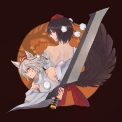 Rule 34 | 2girls, animal ears, back, black hair, black wings, detached sleeves, expressionless, feathered wings, hat, holding, holding sword, holding weapon, inubashiri momiji, looking afar, looking at viewer, looking back, multiple girls, no bra, noel (pixiv5459099), pointy nose, pom pom (clothes), red eyes, serious, shameimaru aya, short hair, silver hair, sword, tokin hat, touhou, turtleneck, weapon, wide sleeves, wings, wolf ears