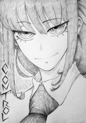 Rule 34 | 1girl, absurdres, braid, braided ponytail, chainsaw man, chronozbergh, collared shirt, graphite (medium), greyscale, hatching (texture), highres, linear hatching, looking at viewer, makima (chainsaw man), medium hair, monochrome, necktie, ringed eyes, shirt, sidelocks, smile, solo, traditional media