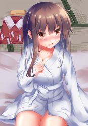 Rule 34 | 1girl, alternate costume, arm up, blush, breasts, brown eyes, brown hair, cleavage, collarbone, commentary, cowboy shot, futon, hair tubes removed, hakurei reimu, hand on own chest, highres, indoors, large breasts, long hair, looking away, looking to the side, unworn neckwear, on floor, open mouth, robe, single sidelock, sitting, solo, tatami, touhou, unory, very long hair, unworn vest, white robe
