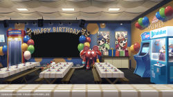 Rule 34 | arcade cabinet, arcade stick, balloon, bench, berry, birthday, birthday party, bloop (gawr gura), boomei (nanashi mumei), bubba (watson amelia), ceres fauna, character name, controller, crane game, english text, erezu, feathers, friend (nanashi mumei), game controller, gift, hakos baelz, hakos baelz (rat), happy birthday, holocouncil, holocure, hololive, hololive english, hootsie (nanashi mumei), interior, irys (hololive), joints, joystick, kfp employee (takanashi kiara), lights, liminal space, nanashi mumei, official art, ouro kronii, plate, portrait (object), robot, robot joints, smol baelz, smol fauna, smol irys, smol kronii, smol mumei, smol sana, stuffed toy, table, tablecloth, takodachi (ninomae ina&#039;nis), television, ticket, tsukumo sana, virtual youtuber