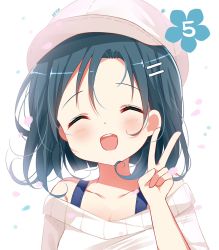 Rule 34 | 1girl, :d, ^ ^, artist name, bare shoulders, black hair, blush, cabbie hat, closed eyes, collarbone, commentary request, deyui, facing viewer, gochuumon wa usagi desu ka?, hair between eyes, hair ornament, hairclip, hand up, hat, mate rin, off-shoulder shirt, off shoulder, open mouth, parted bangs, shirt, short hair, signature, simple background, smile, solo, teeth, upper body, upper teeth only, v, white background, white hat, white shirt