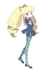 Rule 34 | 1girl, :/, absurdres, atat250, big hair, black eyes, blonde hair, blue dress, crossed arms, dress, drill hair, full body, highres, long hair, looking at viewer, luna platz (mega man), mega man (series), mega man star force, pantyhose, simple background, solo, striped clothes, striped pantyhose, twin drills, white background