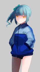 Rule 34 | &gt;:), 10s, 1girl, alternate costume, anger vein, bad id, bad pixiv id, brown eyes, buruma, comah, hands in pockets, jacket, kantai collection, kasumi (kancolle), shaded face, short hair, side ponytail, silver hair, solo, track jacket, v-shaped eyebrows