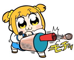 Rule 34 | 1girl, :3, bkub, blue skirt, blush, blush stickers, brown footwear, bubble tea, commentary, dot nose, firing, hair ornament, hair scrunchie, holding, holding weapon, light blush, motion lines, orange hair, oversized object, poptepipic, popuko, school uniform, scrunchie, serafuku, shirt, shoes, short twintails, simple background, skirt, socks, solo, translation request, twintails, two side up, weapon, white background, white shirt, white socks, yellow eyes, yellow scrunchie