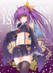 Rule 34 | 1girl, ahoge, aiguillette, azur lane, bell, black gloves, black shirt, black skirt, black thighhighs, blue capelet, blush, breasts, capelet, character name, cherry blossoms, clenched hand, clothing cutout, commentary request, copyright name, cowboy shot, crop top, gloves, hair ribbon, hand up, horns, isuzu (azur lane), isuzu (retrofit) (azur lane), jingle bell, leg belt, long hair, long sleeves, looking at viewer, medium breasts, midriff, navel, neckerchief, petals, pleated skirt, purple background, purple hair, red neckerchief, retrofit (azur lane), ribbon, sakura empire (emblem), shirt, shoulder cutout, skirt, smile, solo, standing, suspender skirt, suspenders, thighhighs, tomosuke, wide sleeves, yellow eyes, yellow ribbon, zettai ryouiki