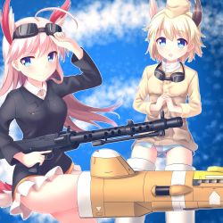 Rule 34 | 2girls, ahoge, animal ears, blonde hair, blue eyes, blush, breasts, faubynet, garrison cap, goggles, goggles on head, gun, hanna-justina marseille, hat, head wings, highres, holding, holding gun, holding weapon, long hair, md5 mismatch, military, military uniform, multiple girls, panties, raisa pottgen, short hair, smile, strike witches, striker unit, trigger discipline, underwear, uniform, weapon, wings, witches of africa, world witches series