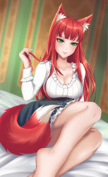 Rule 34 | 1girl, animal ears, arm support, bed, breasts, fox ears, fox girl, fox tail, green eyes, twirling hair, hand in own hair, highres, large breasts, long hair, original, parted lips, playing with own hair, red hair, rinko riban, self-upload, sitting, skirt, smile, tail