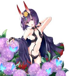 Rule 34 | 1girl, bare shoulders, blush, bob cut, breasts, bridal gauntlets, bug, butterfly, collarbone, cowboy shot, eyeliner, fangs, fate/grand order, fate (series), flower, head tilt, headpiece, highres, horns, hydrangea, insect, japanese clothes, kimono, long sleeves, looking at viewer, makeup, navel, off shoulder, oni, open clothes, open kimono, open mouth, purple eyes, purple hair, purple kimono, rabycia, revealing clothes, short eyebrows, short hair, shuten douji (fate), simple background, skin-covered horns, small breasts, solo, sparkle, standing, thighs, transparent background, white background, wide sleeves