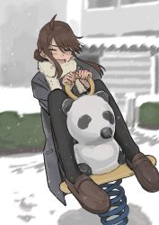Rule 34 | 1girl, absurdres, ahoge, black pantyhose, blush, brown footwear, brown hair, character request, closed eyes, coat, copyright request, epitaph (1122), facing viewer, grey coat, hair bun, highres, loafers, long hair, pantyhose, scarf, shoes, sidelocks, snowing, solo, white scarf