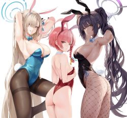 Rule 34 | 3girls, ahoge, animal ears, arched back, armpits, arms behind head, arms up, ass, asuna (blue archive), asuna (bunny) (blue archive), back, backless leotard, bare arms, bare shoulders, black hair, black leotard, blue archive, blue eyes, blue leotard, bow, bowtie, braid, breasts, brown hair, brown pantyhose, cleavage, closed mouth, commentary, covered navel, cowboy shot, dark-skinned female, dark skin, detached collar, expressionless, fake animal ears, fake tail, fishnet legwear, fishnets, from behind, from side, frown, gloves, grin, hair over one eye, hairband, halo, highleg, highleg leotard, highres, karin (blue archive), karin (bunny) (blue archive), large breasts, leg up, leotard, leviathan (hikinito0902), long hair, looking at viewer, looking back, looking to the side, mole, mole on breast, mole under eye, multiple girls, neru (blue archive), neru (bunny) (blue archive), orange eyes, pantyhose, pink hair, playboy bunny, ponytail, rabbit ears, rabbit tail, red leotard, sidelocks, simple background, single braid, skindentation, small breasts, smile, strapless, strapless leotard, tail, thighband pantyhose, thighs, thong leotard, traditional bowtie, very long hair, white background, white gloves, wrist cuffs, yellow eyes