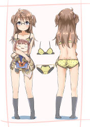 Rule 34 | 2girls, absurdres, ahoge, amemiya sekira, animal ears, ass, black socks, blue eyes, blush, bra, breasts, brown hair, character request, closed mouth, commentary request, flat ass, from behind, full body, glasses, highres, holding, kneehighs, lingerie, long hair, looking at viewer, multiple girls, multiple views, original, panties, polka dot, polka dot bra, polka dot panties, sekira ame, small breasts, smile, socks, standing, tail, two side up, underwear, underwear only, yellow bra, yellow panties