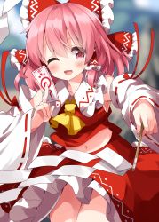 Rule 34 | 1girl, ascot, bare shoulders, blush, bow, cosplay, cowboy shot, detached sleeves, frilled skirt, frills, gohei, hair between eyes, hair bow, hair tubes, hakurei reimu, hakurei reimu (cosplay), highres, holding, japanese clothes, navel, nontraditional miko, ofuda, one eye closed, open mouth, pink eyes, pink hair, red bow, red skirt, ribbon-trimmed sleeves, ribbon trim, ruu (tksymkw), saigyouji yuyuko, short hair, sidelocks, skirt, smile, solo, touhou, white sleeves, wide sleeves, yellow ascot