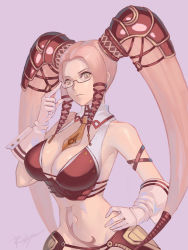 Rule 34 | .hack//, .hack//g.u., 1girl, adjusting eyewear, bare shoulders, bikini, breasts, brown eyes, cleavage, closed mouth, commentary, cowboy shot, detached collar, elbow gloves, glasses, gloves, hair ribbon, hand on own hip, highres, large breasts, long hair, looking at viewer, midriff, navel, necktie, parted bangs, pi (.hack//), pink hair, red bikini, red ribbon, red skirt, revealing clothes, ribbon, riskyin, showgirl skirt, sidelocks, signature, simple background, skirt, solo, standing, stomach tattoo, swimsuit, tattoo, twintails, very long hair, white gloves, yellow necktie