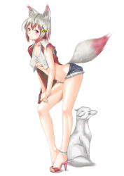 Rule 34 | 1girl, animal ears, anklet, bare shoulders, blush, breasts, cleavage, covered erect nipples, crop top, fox, fox ears, fox tail, full body, hair ornament, hairclip, high heels, jewelry, looking at viewer, muffin (sirumeria), navel, original, red eyes, short hair, short shorts, shorts, silver hair, simple background, smile, solo, tail, underboob, white background