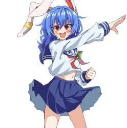 Rule 34 | 1girl, alternate costume, animal ears, blue hair, blue sailor collar, blue skirt, commentary request, d:, earclip, long sleeves, looking at viewer, low twintails, mifutatsu, navel, neckerchief, open mouth, rabbit ears, rabbit girl, red eyes, red neckerchief, sailor collar, school uniform, seiran (touhou), simple background, skirt, smile, solo, touhou, twintails, v-shaped eyebrows, white background