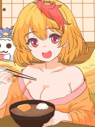 Rule 34 | 1girl, absurdres, animal, animal on head, bare shoulders, bird wings, blonde hair, bowl, breasts, chopsticks, cleavage, feathered wings, food, highres, holding, holding chopsticks, indoors, japanese clothes, kimono, medium breasts, mole, mole on breast, multicolored hair, nito2230, niwatari kutaka, noodles, on head, open mouth, orange kimono, ramen, red eyes, red hair, short hair, smile, solo, teeth, touhou, two-tone hair, upper body, upper teeth only, wings, yellow wings