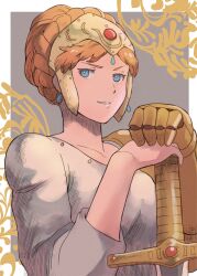 Rule 34 | 1girl, absurdres, arms up, blue eyes, braid, braided bun, earrings, grin, hair bun, hands on hilt, helmet, highres, jewelry, k katora, kaze no tani no nausicaa, kushana, light brown hair, long sleeves, looking at viewer, outside border, parted bangs, patterned background, portrait, prosthesis, prosthetic arm, shirt, smile, sword, v-shaped eyebrows, weapon, white shirt
