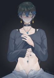 Rule 34 | 1boy, artist request, black hair, black shirt, blue hair, closed mouth, collar, crop top, earrings, ike eveland, jewelry, long sleeves, male focus, multicolored hair, navel, navel piercing, necklace, nijisanji, nijisanji en, open pants, pants, piercing, shirt, short hair, solo, source request, stomach, virtual youtuber, white pants, yellow eyes