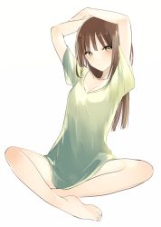Rule 34 | 1girl, arms up, bare legs, barefoot, blunt bangs, blush, breasts, brown hair, cleavage, collarbone, eyebrows, full body, green shirt, head tilt, indian style, long hair, looking at viewer, lpip, naked shirt, no pants, original, shirt, short hair, short sleeves, sitting, solo, spread legs, toes, tsurime, yellow eyes