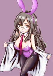 Rule 34 | 10s, animal ears, bare shoulders, between breasts, blush, breasts, cleavage, detached collar, etohito, fake animal ears, futaba rio, glasses, highres, lab coat, large breasts, lipstick, long hair, makeup, necktie, pantyhose, playboy bunny, rabbit ears, rabbit girl, seishun buta yarou, simple background, solo, yellow eyes